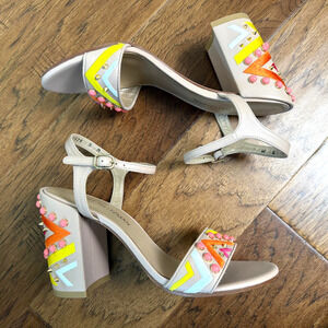 Stuart Weitzman Beige Leather Embellished Block Heel Ankle Strap Sandal Size 9M